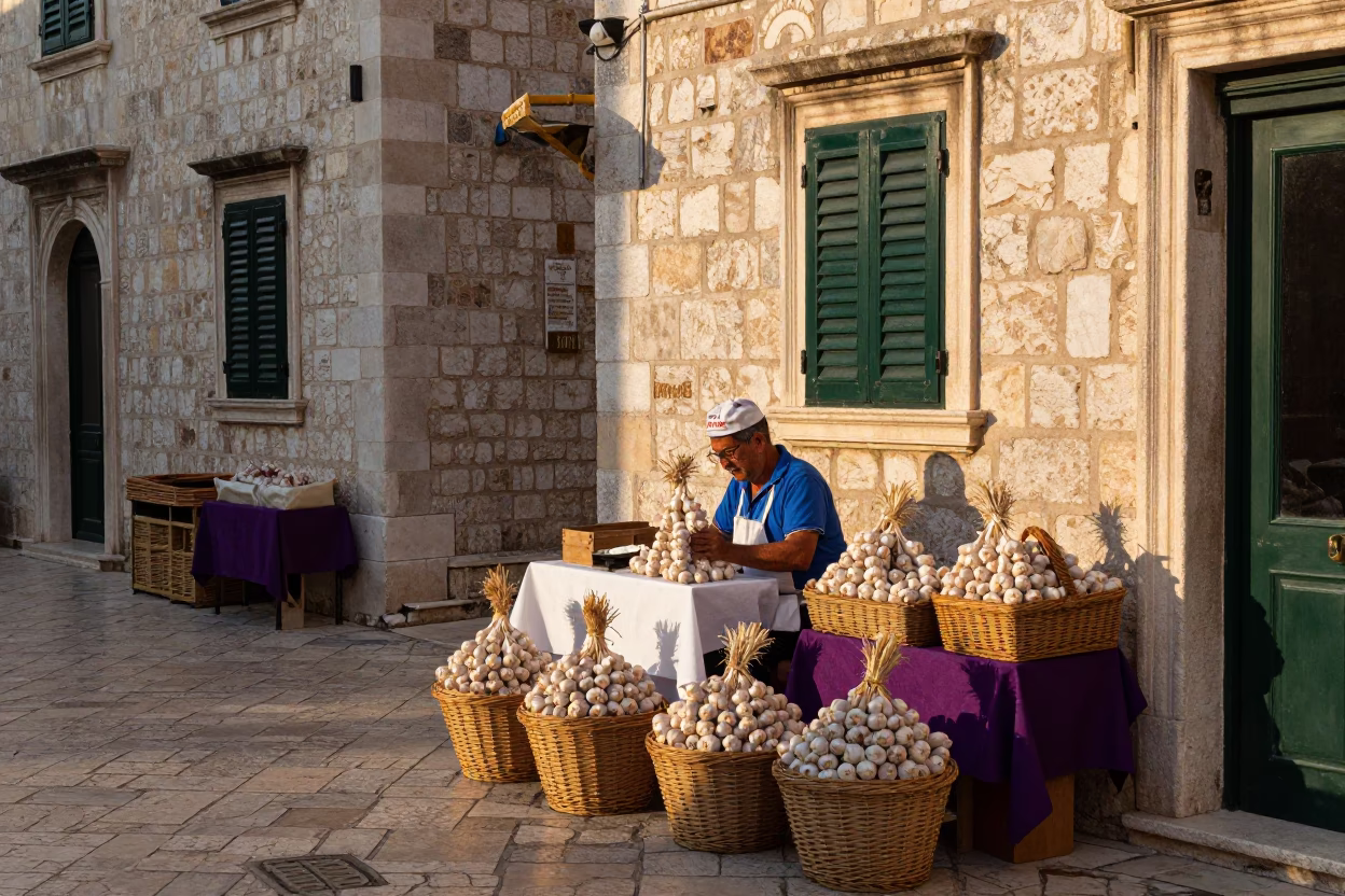 Colorful 1980s Dubrovnik Street Scene with Garlic and Storage Tin in in Dubrovnik, Croatia