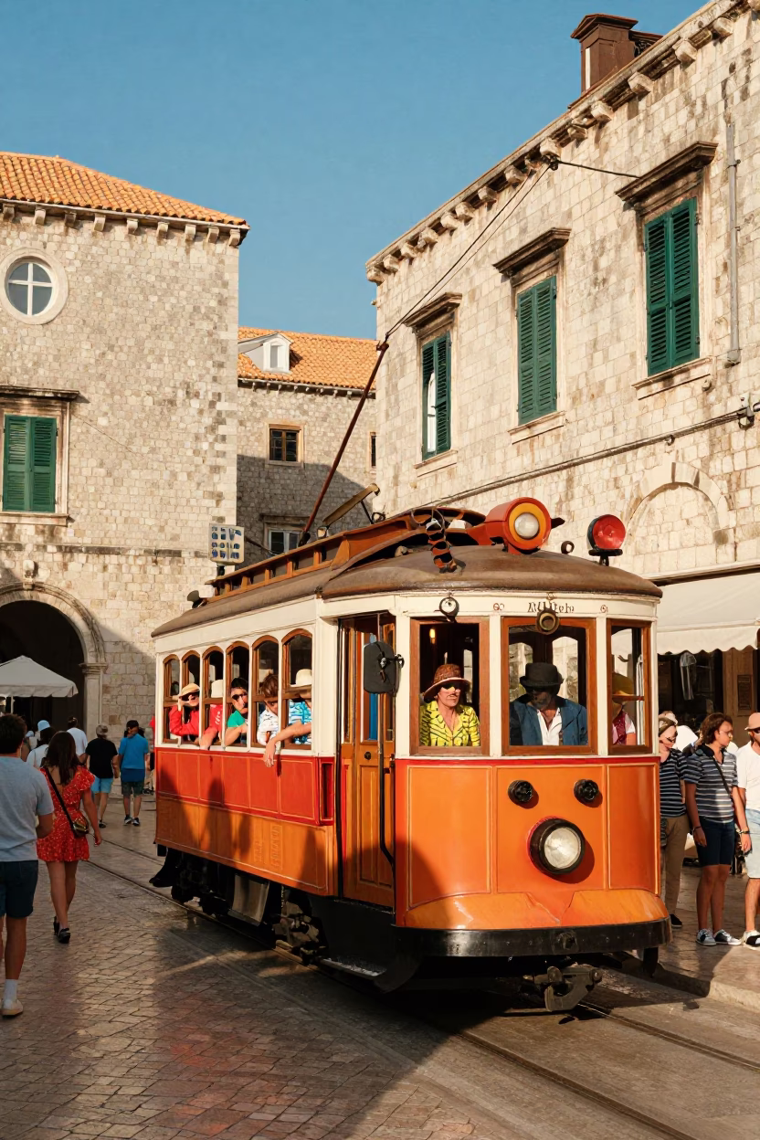 Colorful 1980s Dubrovnik Street Scene with Heritage Tram and Local Life in in Dubrovnik, Croatia