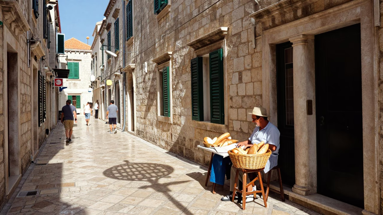 Colorful 1980s Dubrovnik Street Scene with Wicker Shadow and Rust Details in in Dubrovnik, Croatia