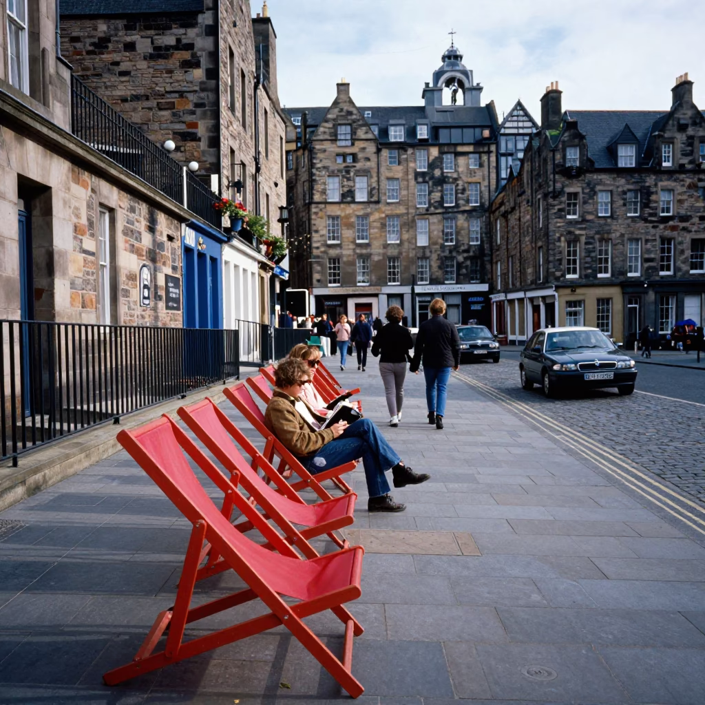 Colorful 1980s Edinburgh Street Scene with Deck Chairs and Local Interaction in in Edinburgh, United Kingdom