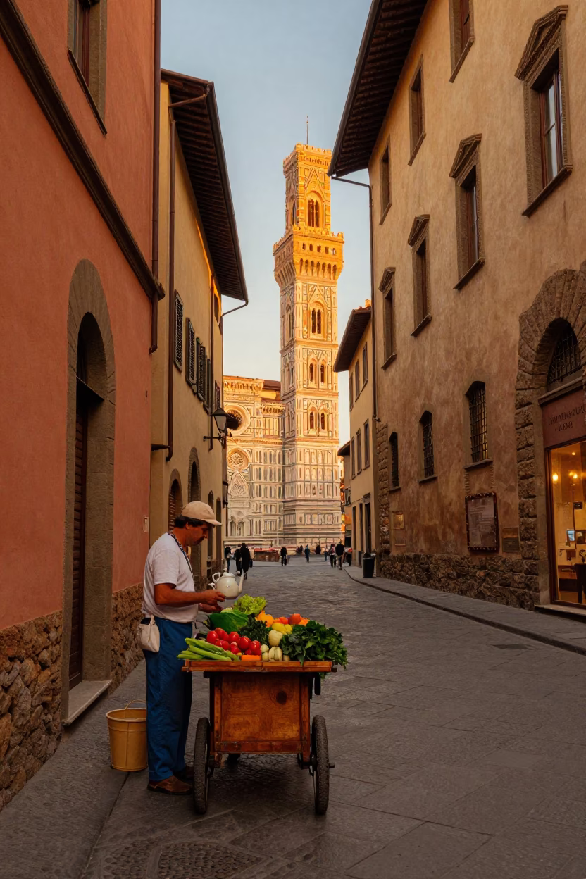 Colorful 1980s Florence Evening Scene with Vintage Teapot and Hydrangea Bush in in Florence, Italy