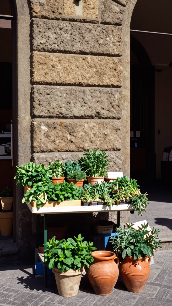 Colorful 1980s Florence street scene with herbs and clay pots in in Florence, Italy