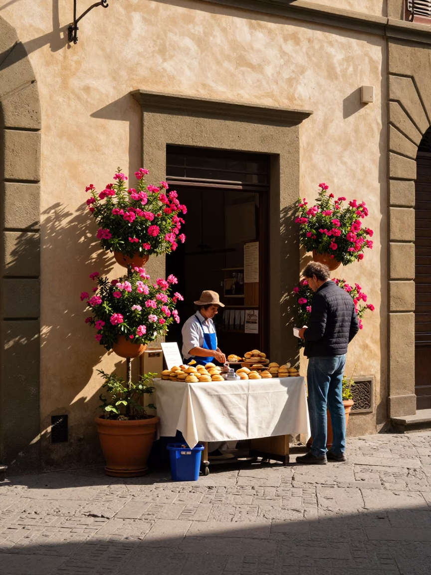 Colorful 1980s Florence Street Scene with Pastries and Plumbago Hedge in Early Afternoon in in Florence, Italy