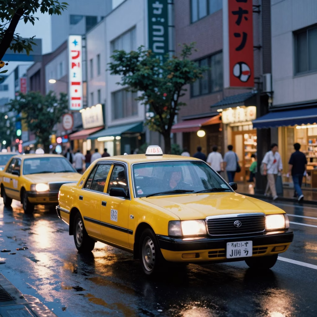 Colorful 1980s Fukuoka Evening Street Scene with Yellow Taxi and Urban Life in in Fukuoka, Japan