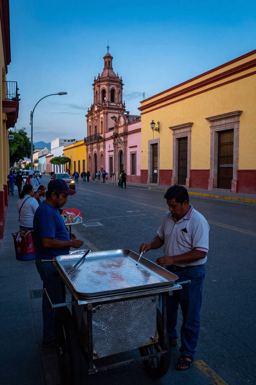 Colorful 1980s Guadalajara Evening Street Scene with Hammered Metal and Local Commerce in in Guadalajara, Mexico