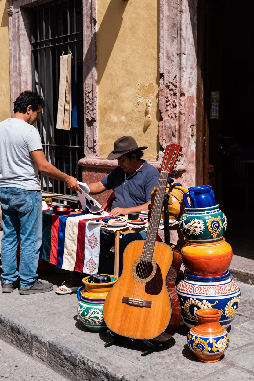 Colorful 1980s Guadalajara Street Scene with Guitar and Tailor Shears in in Guadalajara, Mexico