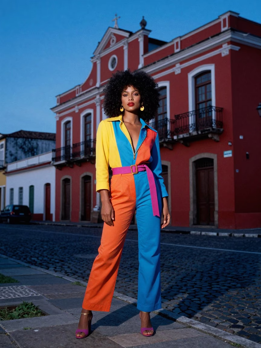 Colorful 1980s High Fashion Evening Street Portrait in Salvador Brazil in in Salvador, Brazil
