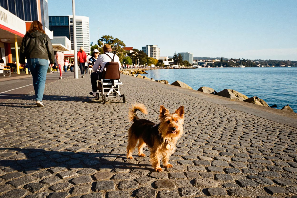 Colorful 1980s Hobart Street Scene with Schipperke Dog and Fruit Bowl in in Hobart, Tasmania, Australia