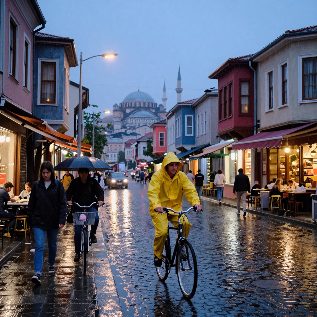 Colorful 1980s Istanbul Dusk Street Scene with Cyclist and Rain in in Istanbul, Turkey