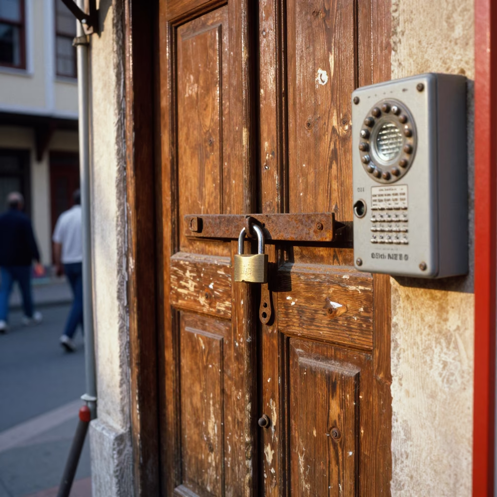 Colorful 1980s Istanbul Street Scene with Padlock and Telegraph Wire in in Istanbul, Turkey