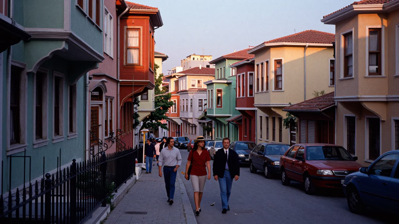 Colorful 1980s Istanbul Street Scene with Stair Rail and Local Life in Early Evening in in Istanbul, Turkey