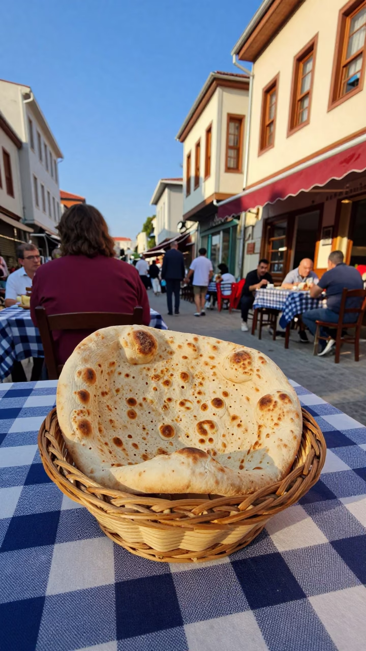Colorful 1980s Izmir Street Scene with Woven Bread Basket and Hummus Mezze Platter in in Izmir, Turkey