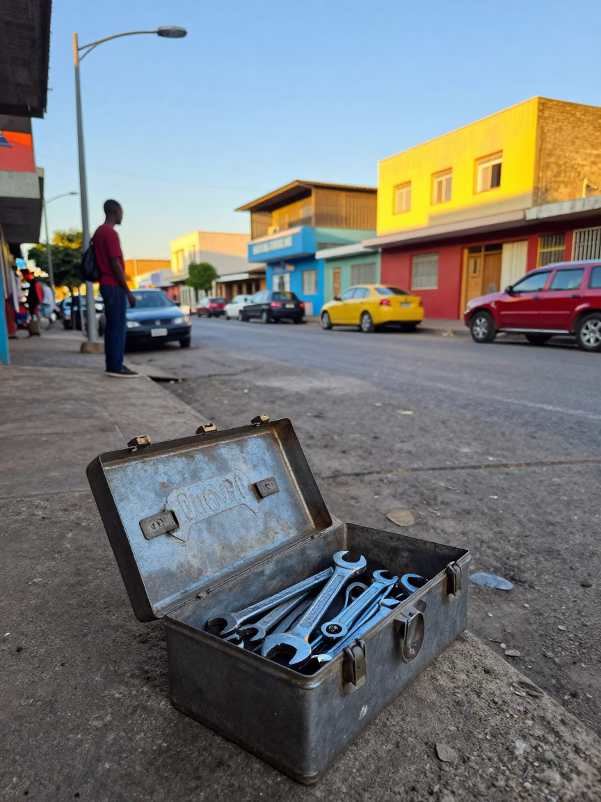 Colorful 1980s Johannesburg Street Scene with Toolbox and Local Market Activity in in Johannesburg, South Africa