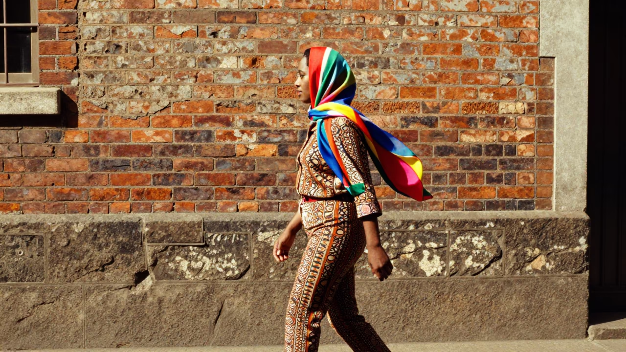 Colorful 1980s Johannesburg Street Scene with Vintage Scarf and Urban Details in in Johannesburg, South Africa