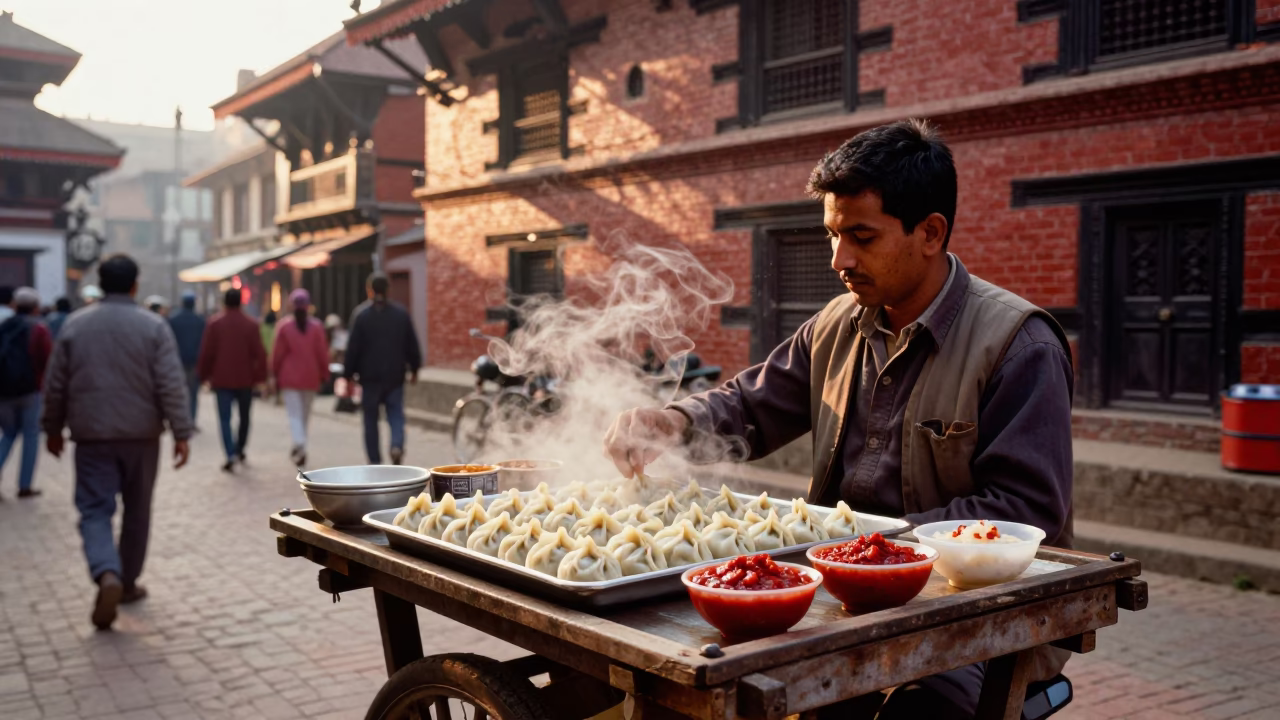 Colorful 1980s Kathmandu street scene with momos and chutney after sunrise in in Kathmandu, Nepal