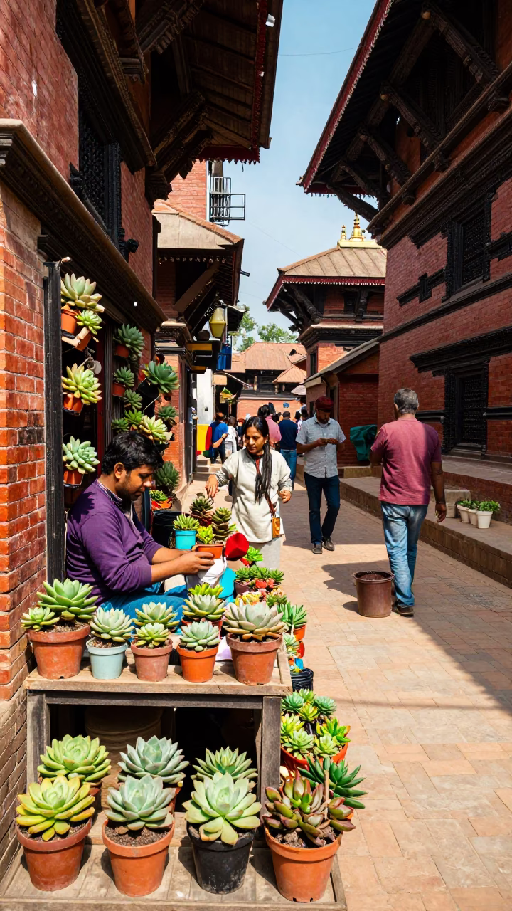 Colorful 1980s Kathmandu Street Scene with Potted Succulents and Brass Details in in Kathmandu, Nepal