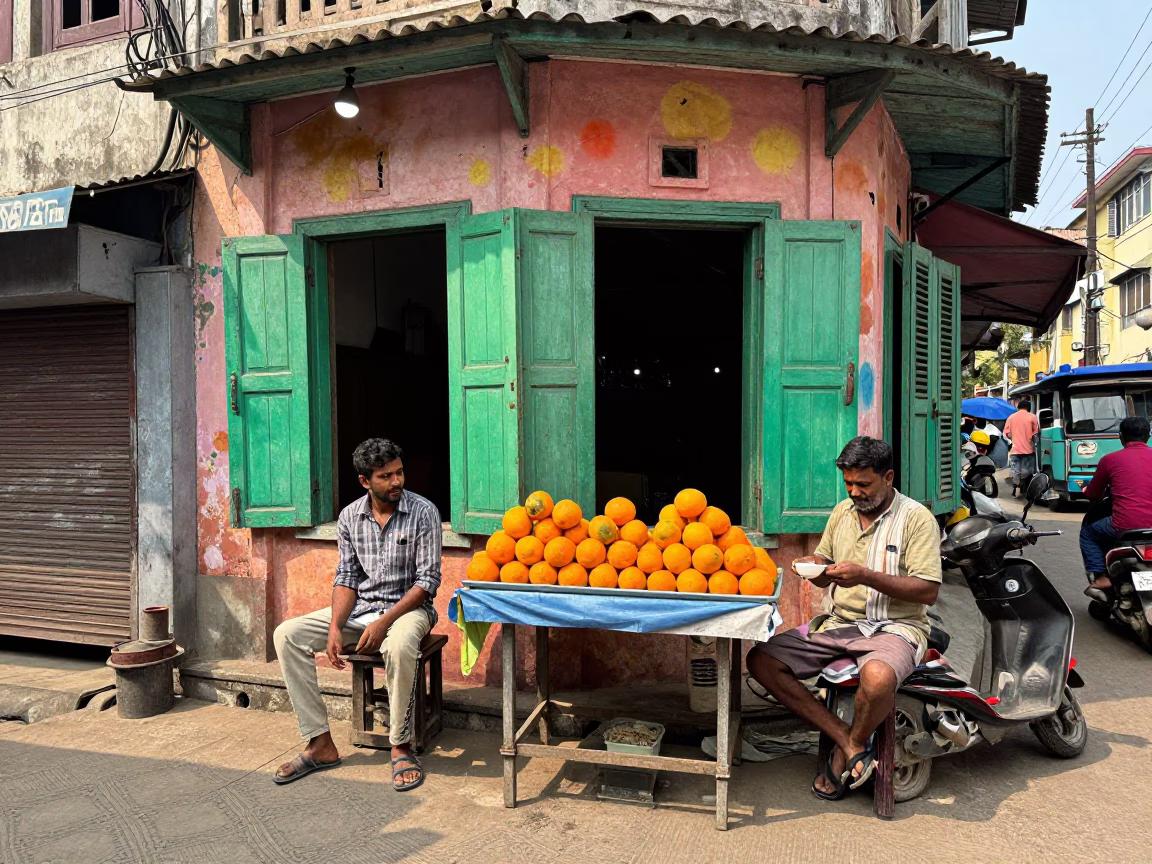 Colorful 1980s Kolkata Street Scene with Tea Stains and Local Market Activity in in Kolkata, India