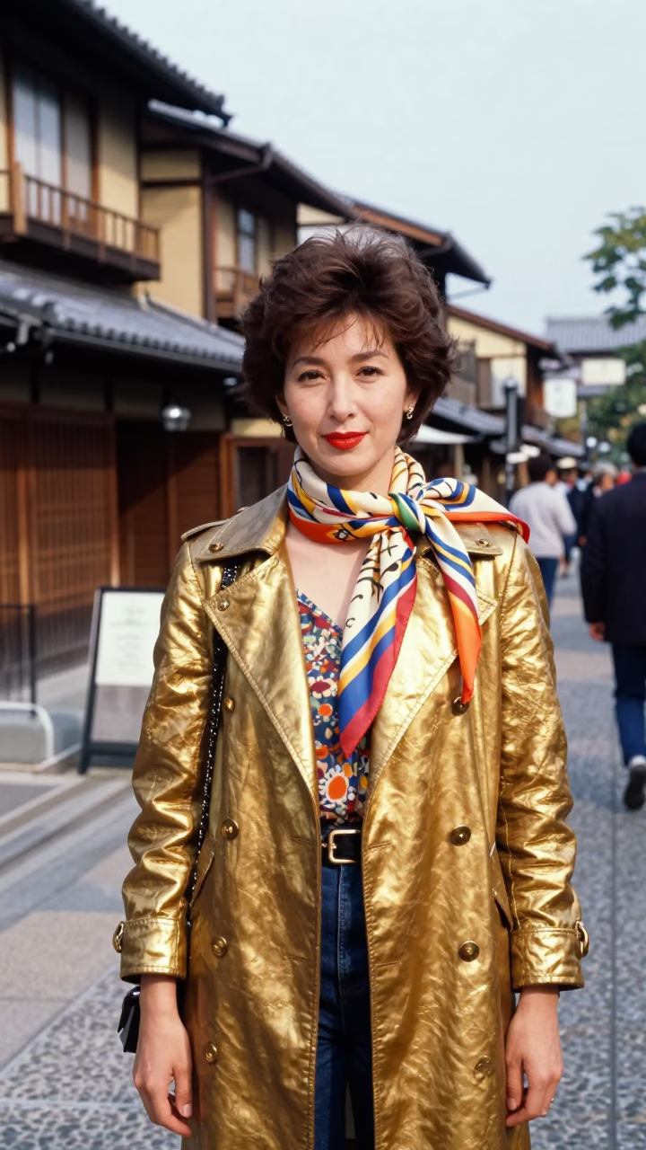 Colorful 1980s Kyoto Street Fashion Portrait with Polished Brass Frame and Scarf in in Kyoto, Japan
