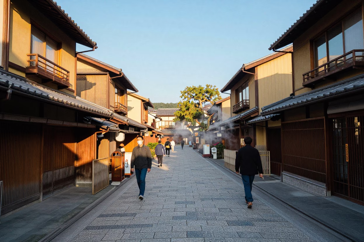 Colorful 1980s Kyoto Street Scene with Traditional Architecture and Local Food Vendor in in Kyoto, Japan