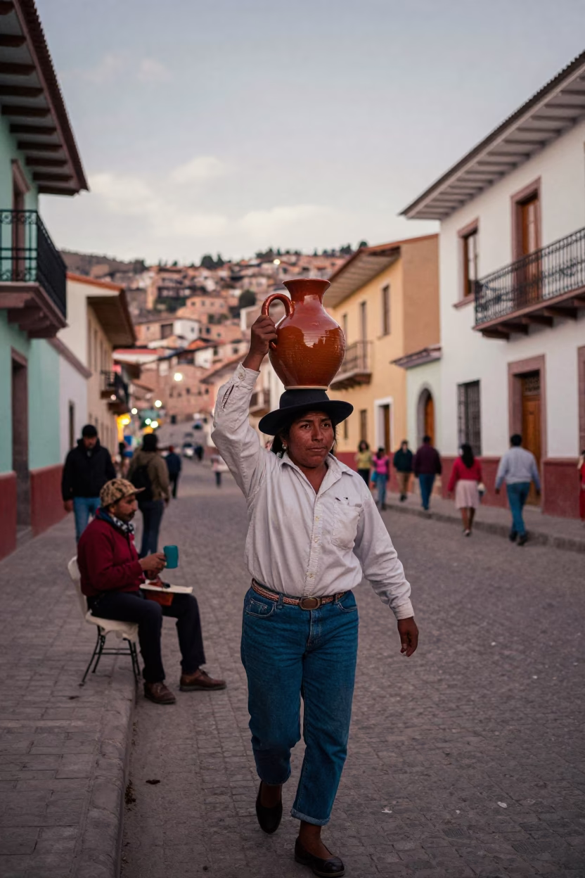 Colorful 1980s La Paz Bolivia Street Scene with Ceramic Pitcher and Twine in in La Paz, Bolivia