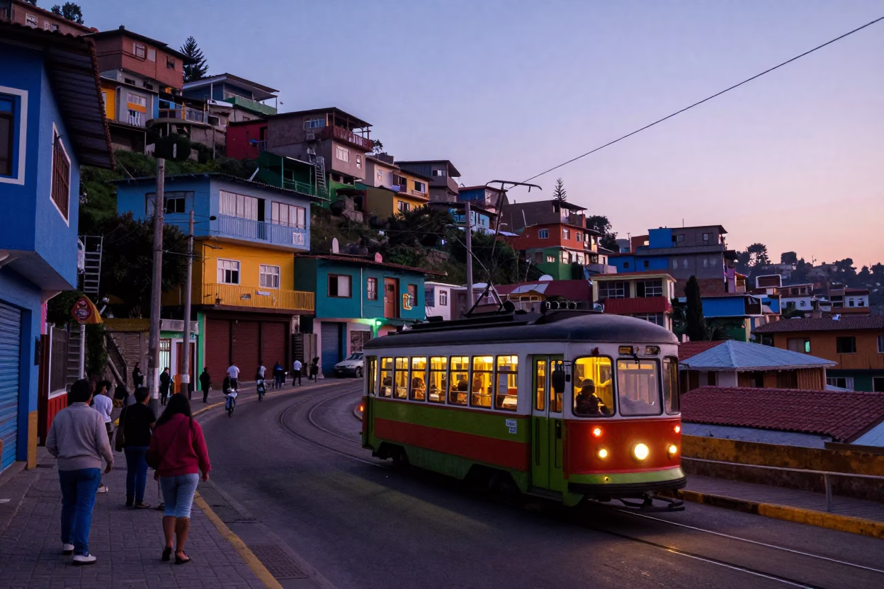 Colorful 1980s Lima Peru Street Scene Before Sunrise with Tram and Kites in in Lima, Peru