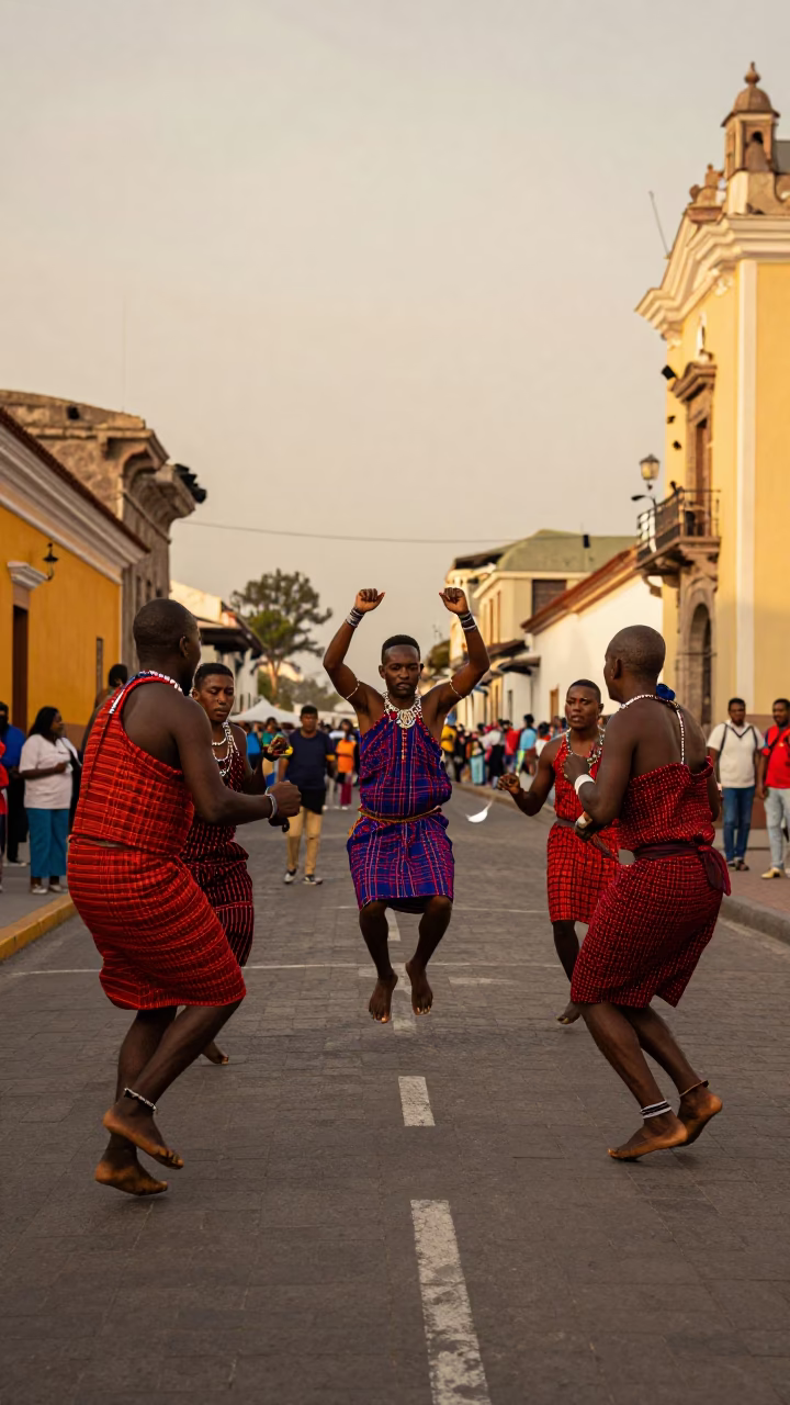 Colorful 1980s Lima Peru Street Scene with Maasai Jumping Dance Ceremony in in Lima, Peru
