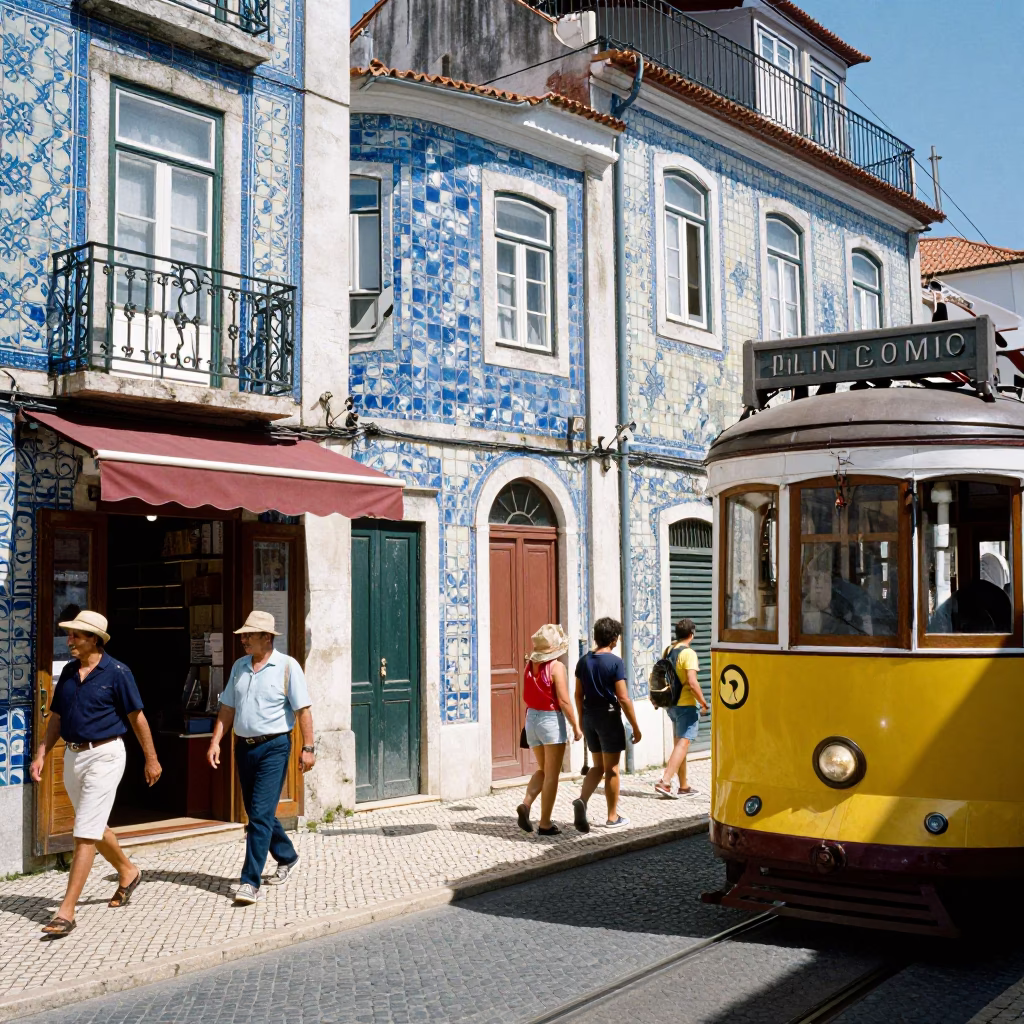 Colorful 1980s Lisbon Street Scene with Tram and Traditional Tiles in in Lisbon, Portugal