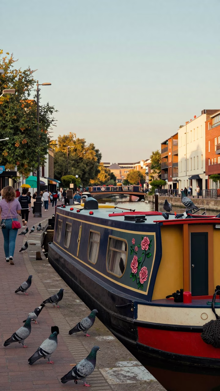 Colorful 1980s London Street Scene with Narrowboat and Pigeons at Early Evening in in London, United Kingdom