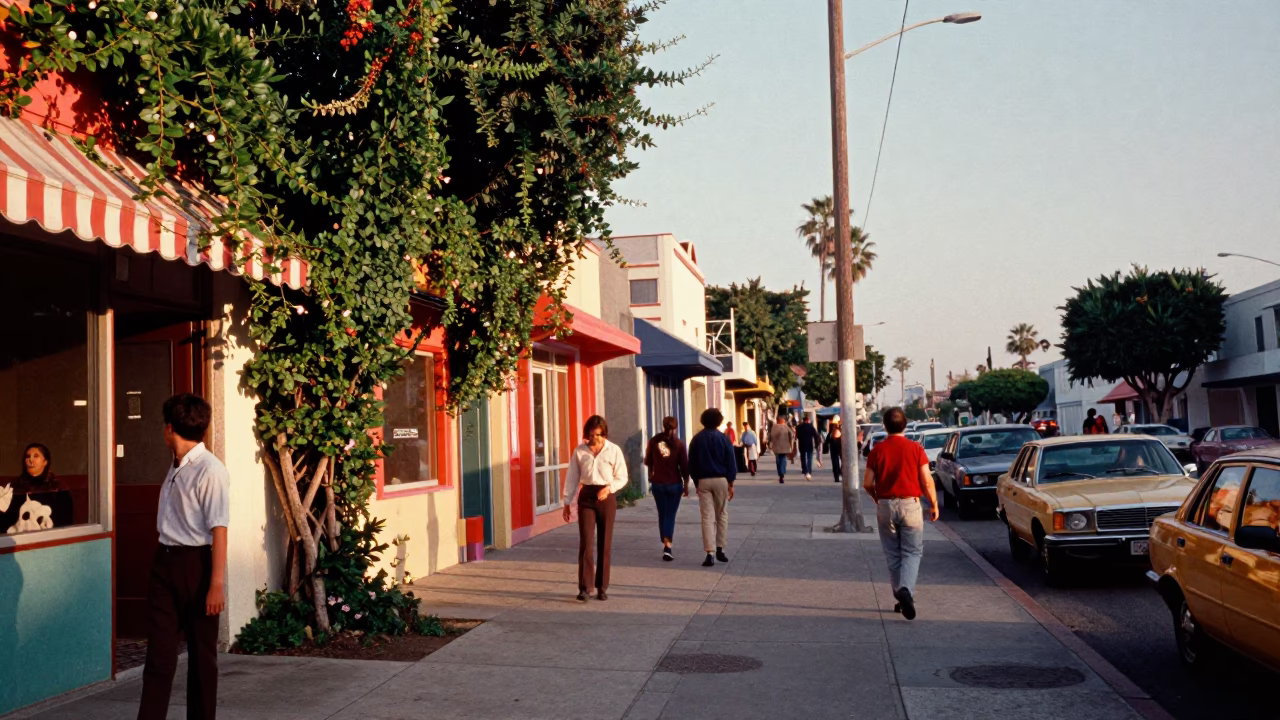 Colorful 1980s Los Angeles Street Scene with Ivy Vines and Local Life in in Los Angeles, California, United States