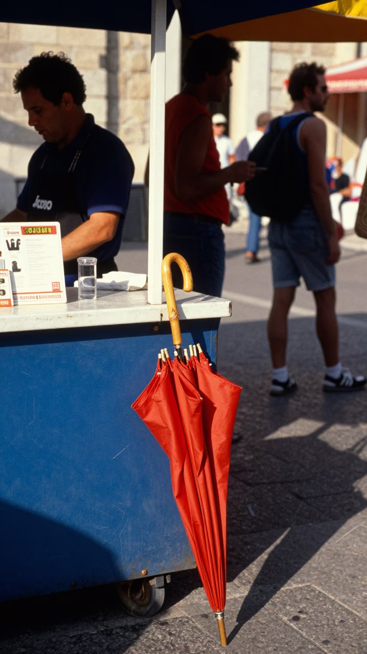 Colorful 1980s Marseille Street Scene with Folded Parasol and Magazine Rack in in Marseille, France