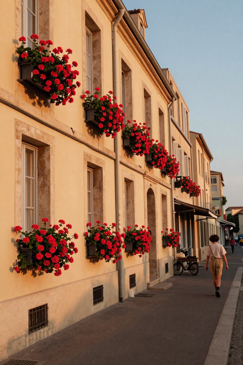 Colorful 1980s Marseille Street Scene with Geraniums and Vintage Cars in Honeyed Evening Light in in Marseille, France