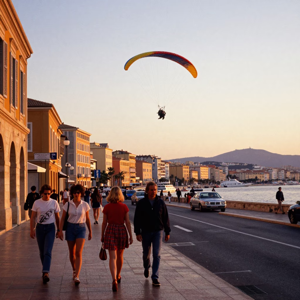 Colorful 1980s Marseille Sunset Street Scene with Paramotor Flying Over Coastal Sand Dune in in Marseille, France