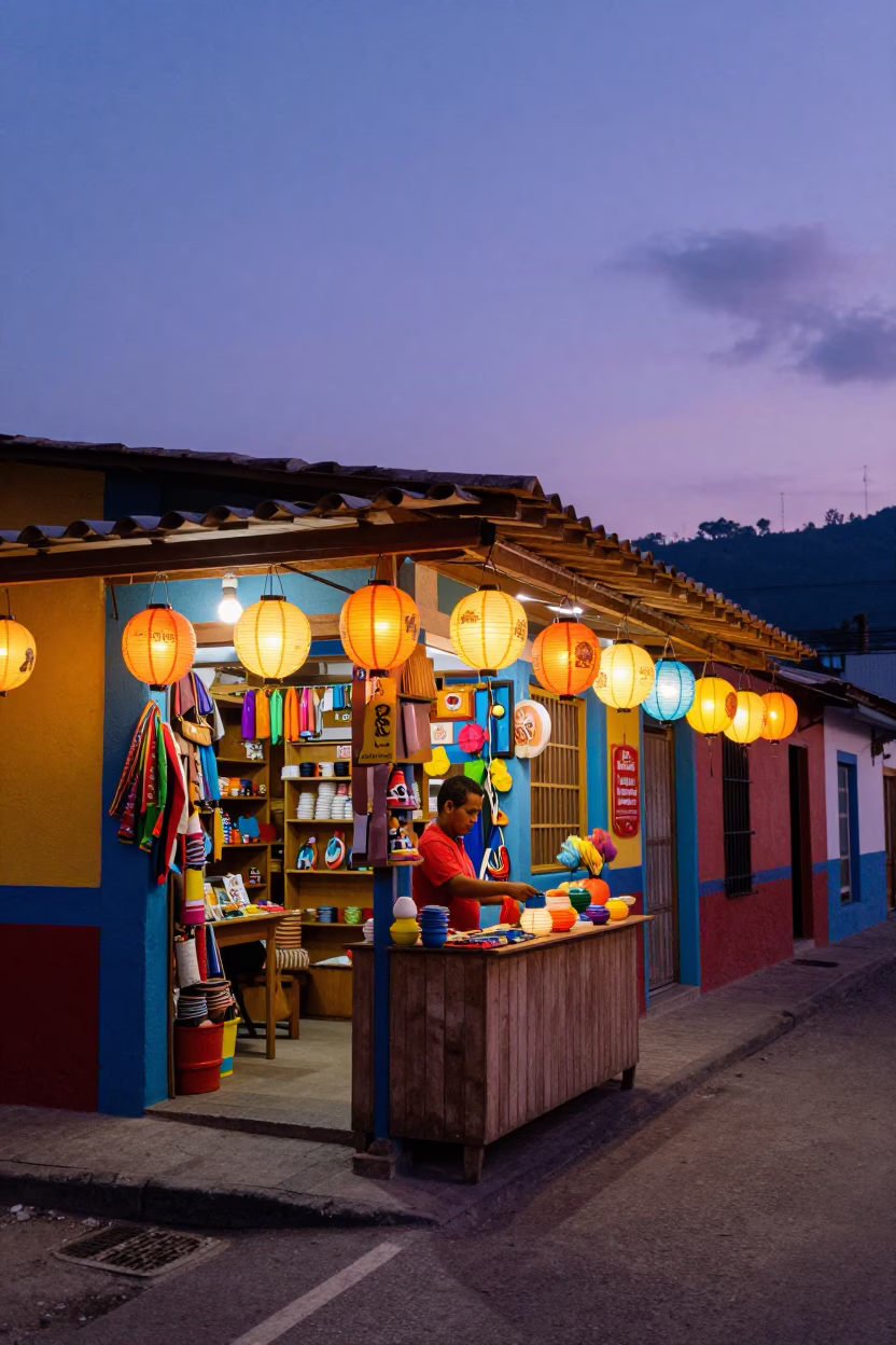 Colorful 1980s Medellin Colombia Street Scene with Paper Lanterns and Evening Activity in in Medellin, Colombia