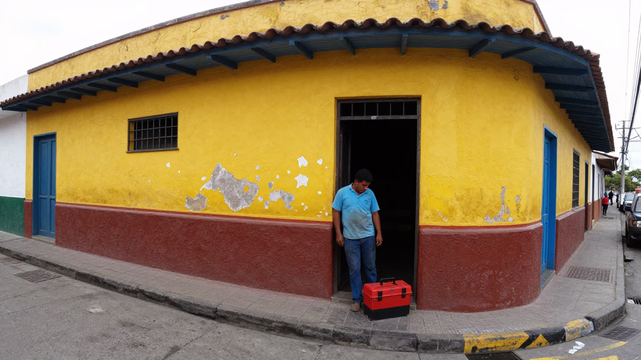 Colorful 1980s Medellin Colombia Street Scene with Worker and Toolbox in in Medellin, Colombia