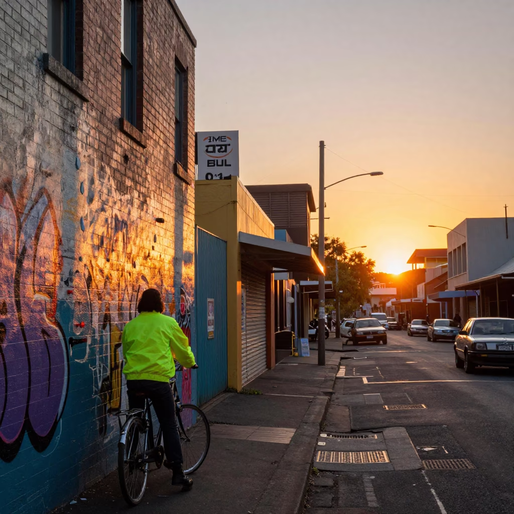 Colorful 1980s Melbourne Street Scene at Sunset with Vintage Bicycle and Local Details in in Melbourne, Victoria, Australia