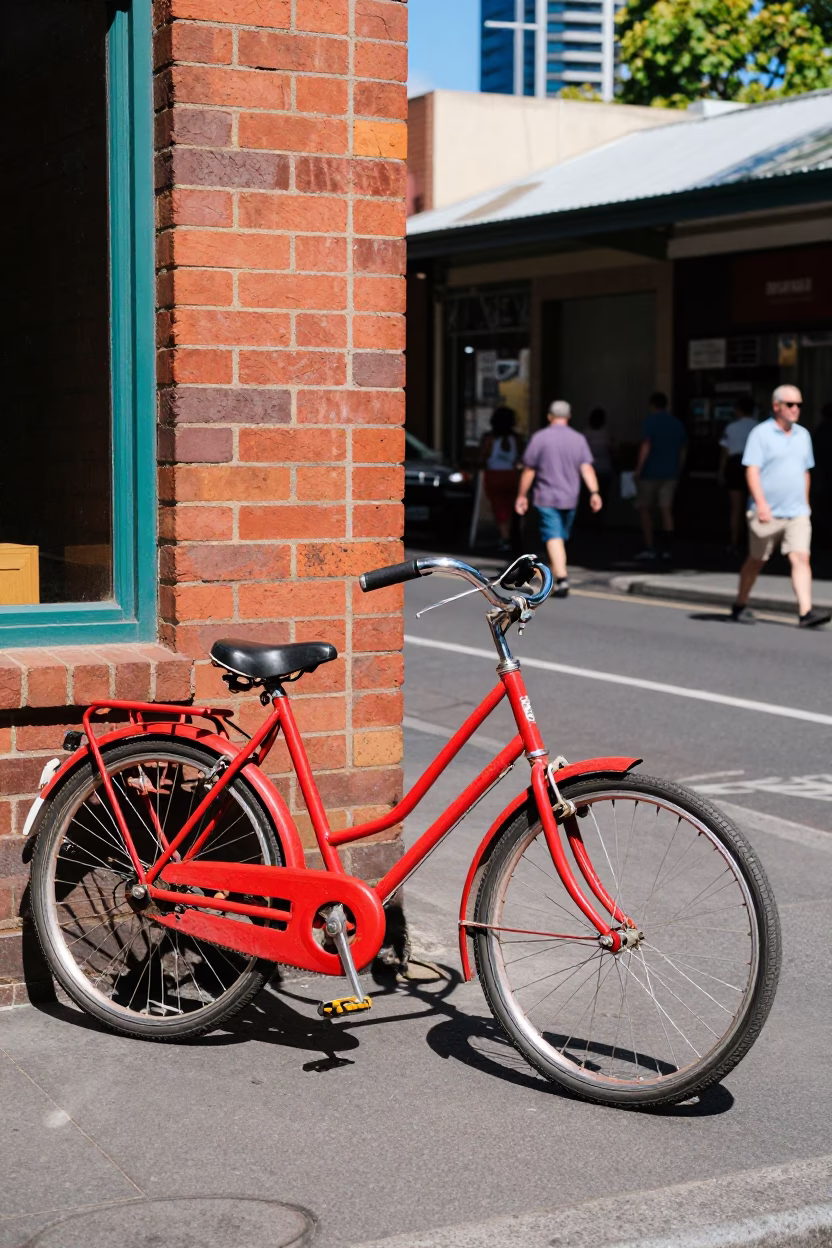 Colorful 1980s Melbourne Street Scene with Vintage Bicycle and Cafe Culture in in Melbourne, Victoria, Australia