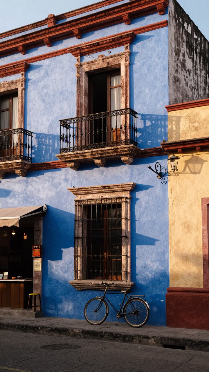 Colorful 1980s Merida Mexico Street Scene with Bicycle and Colonial Architecture at First Light in in Merida, Mexico