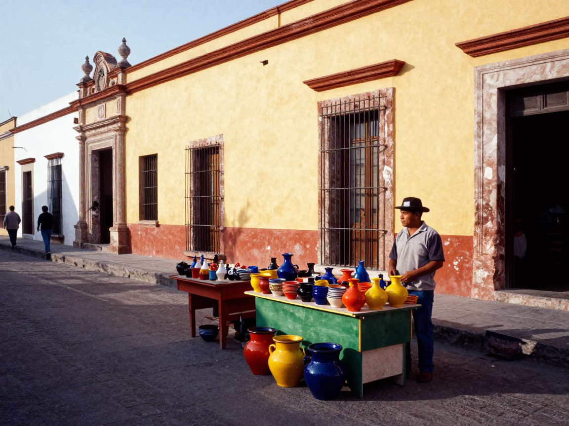 Colorful 1980s Merida Street Scene with Spanish Colonial Architecture and Local Life in in Merida, Mexico
