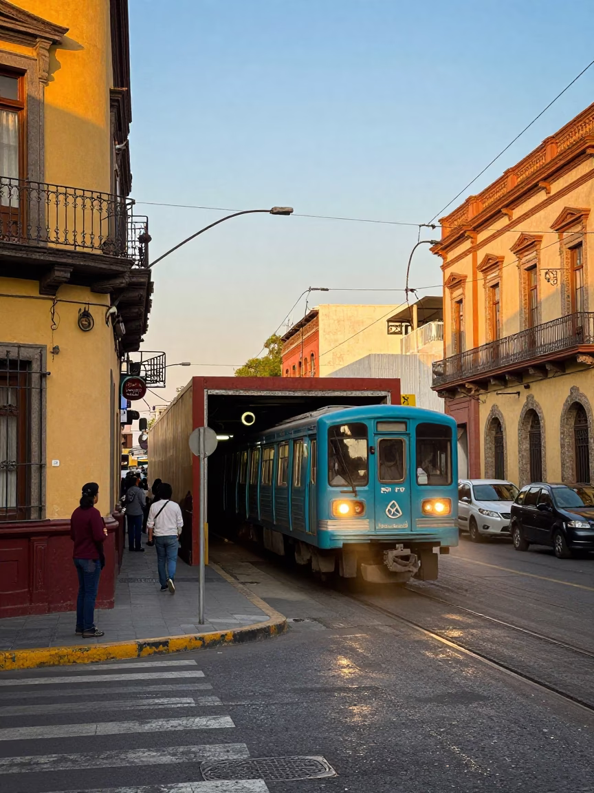 Colorful 1980s Mexico City Street Scene with Metro Train Emerging into Late Afternoon Light in in Mexico City, Mexico
