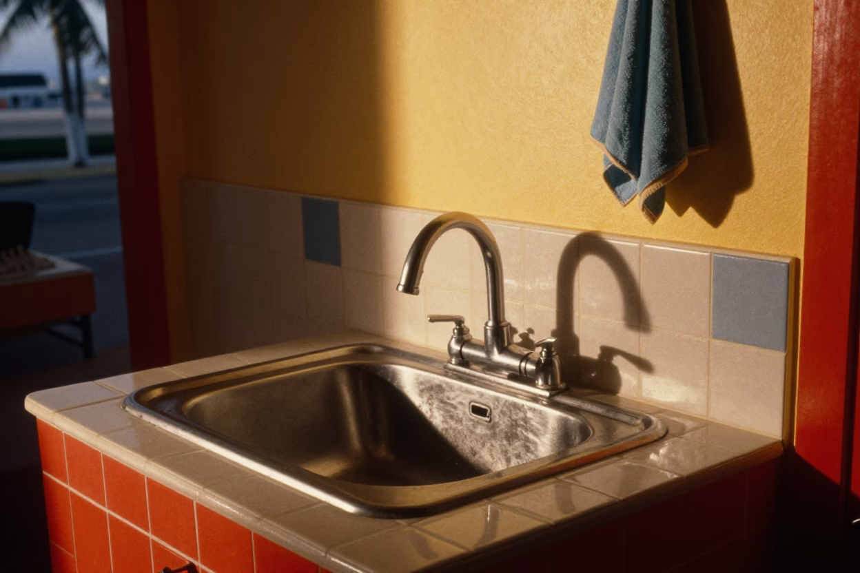 Colorful 1980s Miami Breakfast Scene with Wash Basin and Condensation Before Dawn in in Miami, Florida, United States