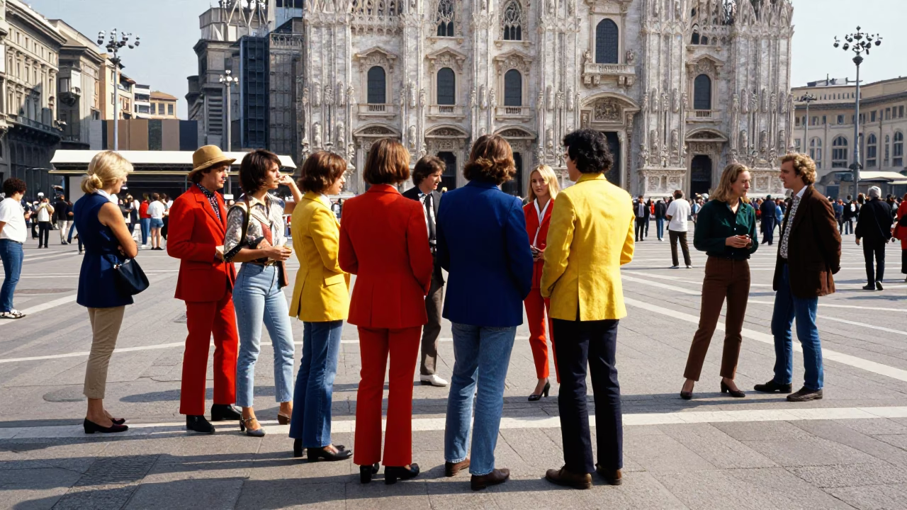 Colorful 1980s Milan Street Scene with Vintage Fashion and Spindle Chair Detail in in Milan, Italy