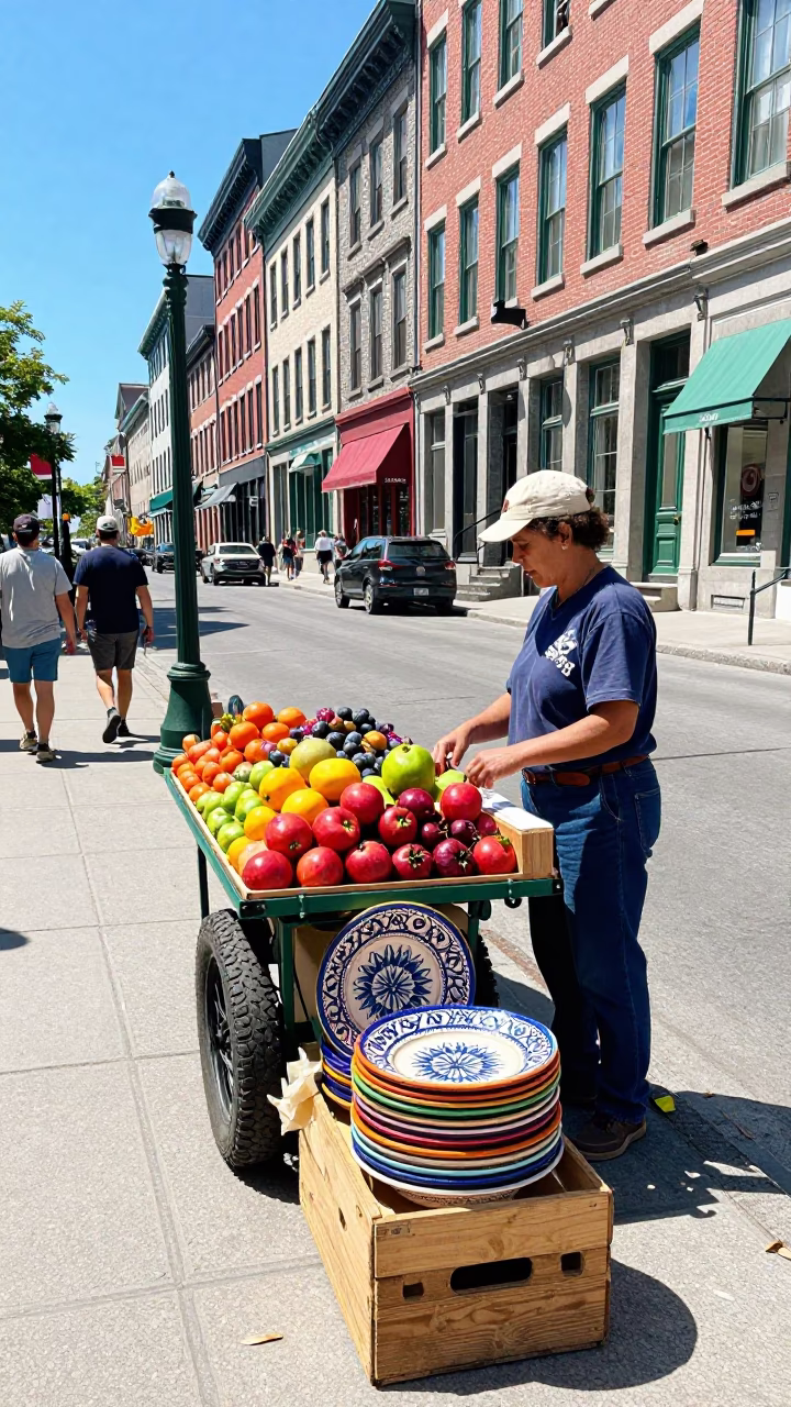 Colorful 1980s Montreal Street Scene with Berry Vendor and Majolica Plates in in Montreal, Quebec, Canada