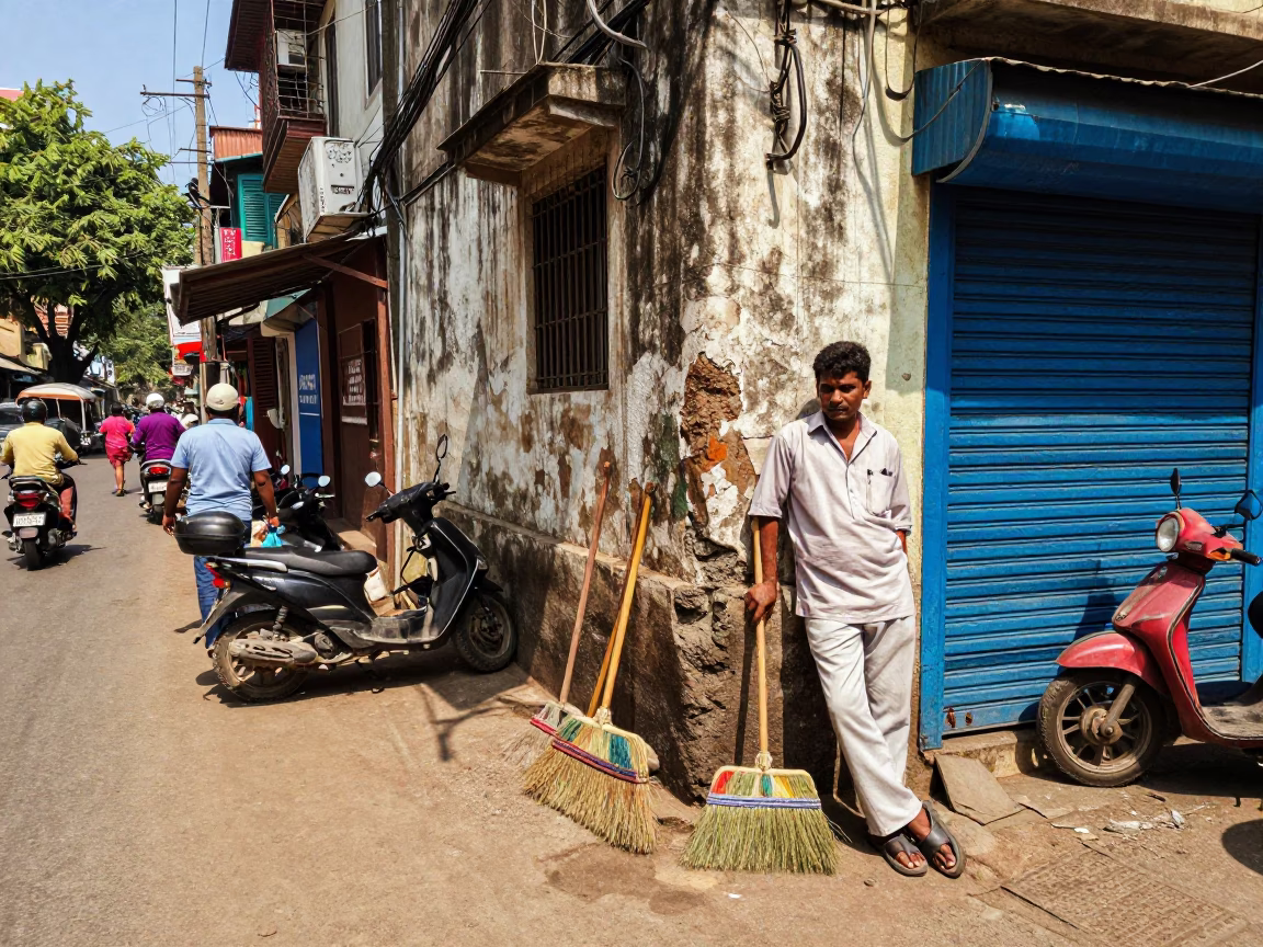 Colorful 1980s Mumbai Street Scene with Brooms and Local Vendors Under Noon Sun in in Mumbai, India