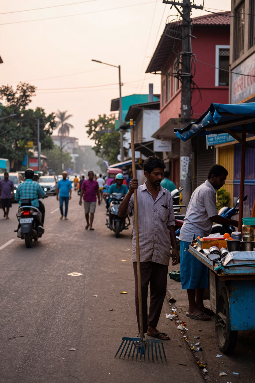 Colorful 1980s Mumbai Street Scene with Garden Rake and Morning Commute in in Mumbai, India