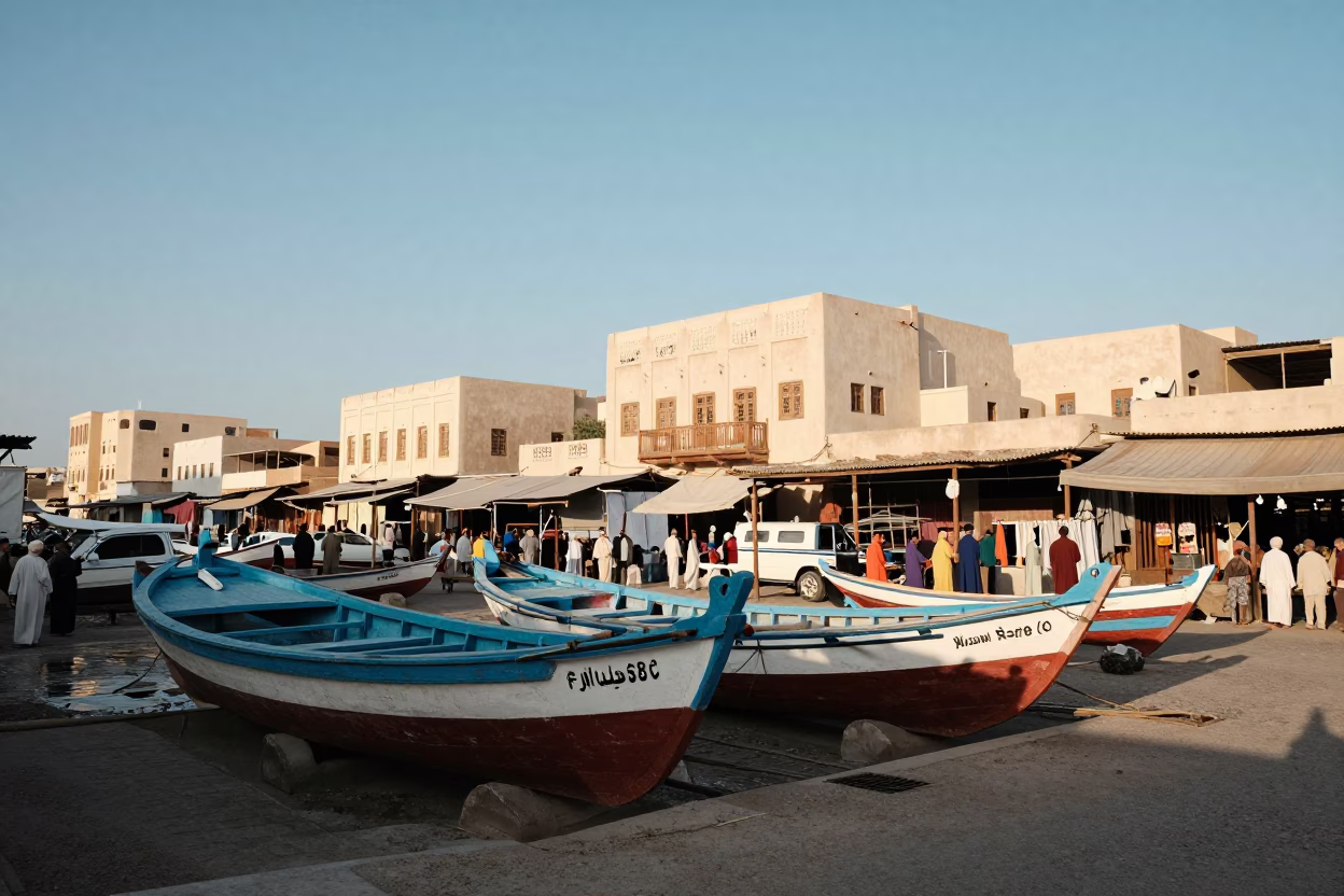 Colorful 1980s Muscat Street Scene with Traditional Omani Dhows and Local Merchants in in Muscat, Oman
