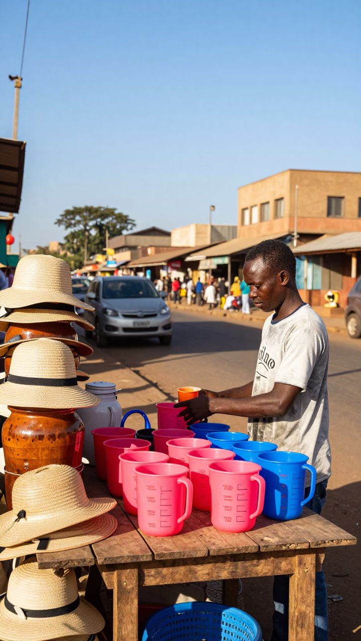 Colorful 1980s Nairobi Street Stall with Measuring Cups and Sun Hats in in Nairobi, Kenya