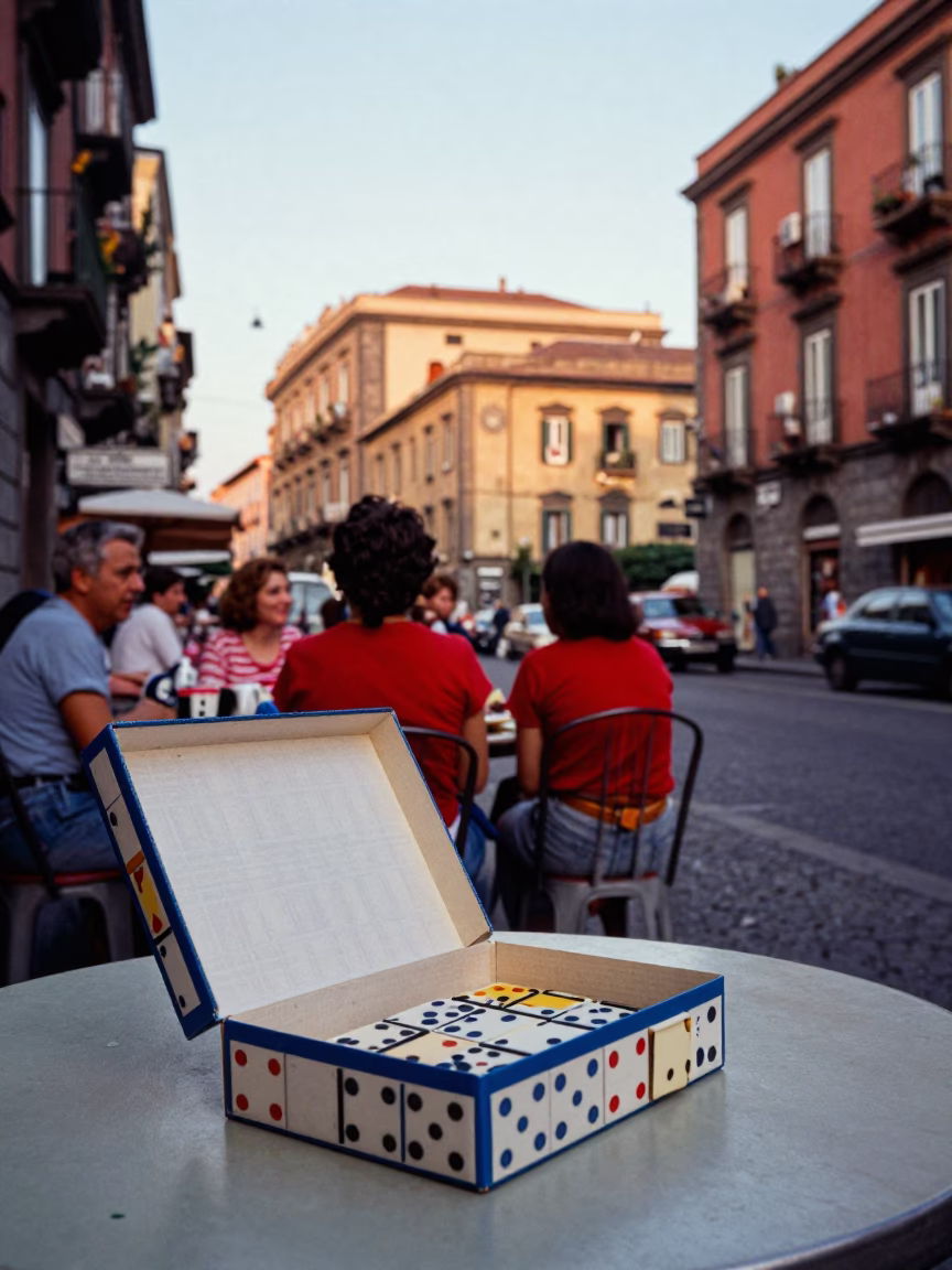 Colorful 1980s Naples Street Scene with Domino Box and Window Light in in Naples, Italy