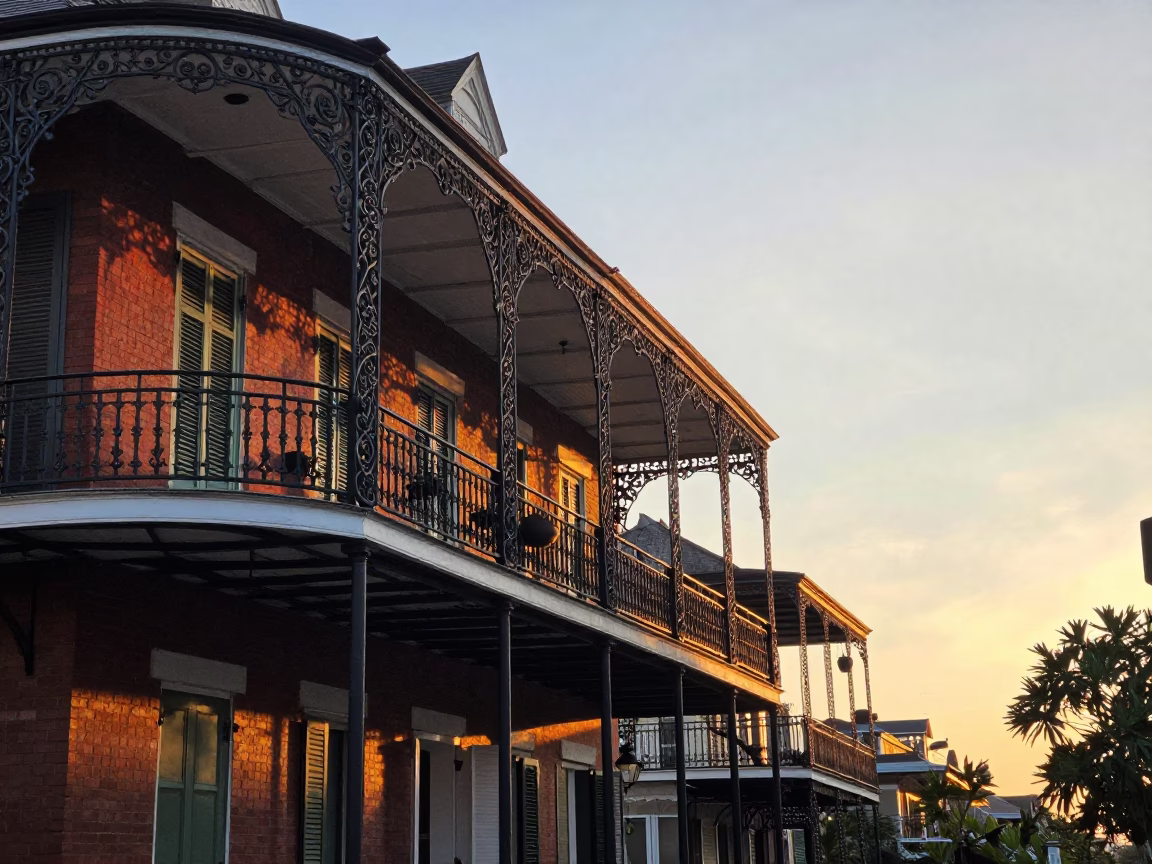 Colorful 1980s New Orleans Balcony Scene with Iron Railings and Drying Laundry at Sunset in in New Orleans, Louisiana, United States