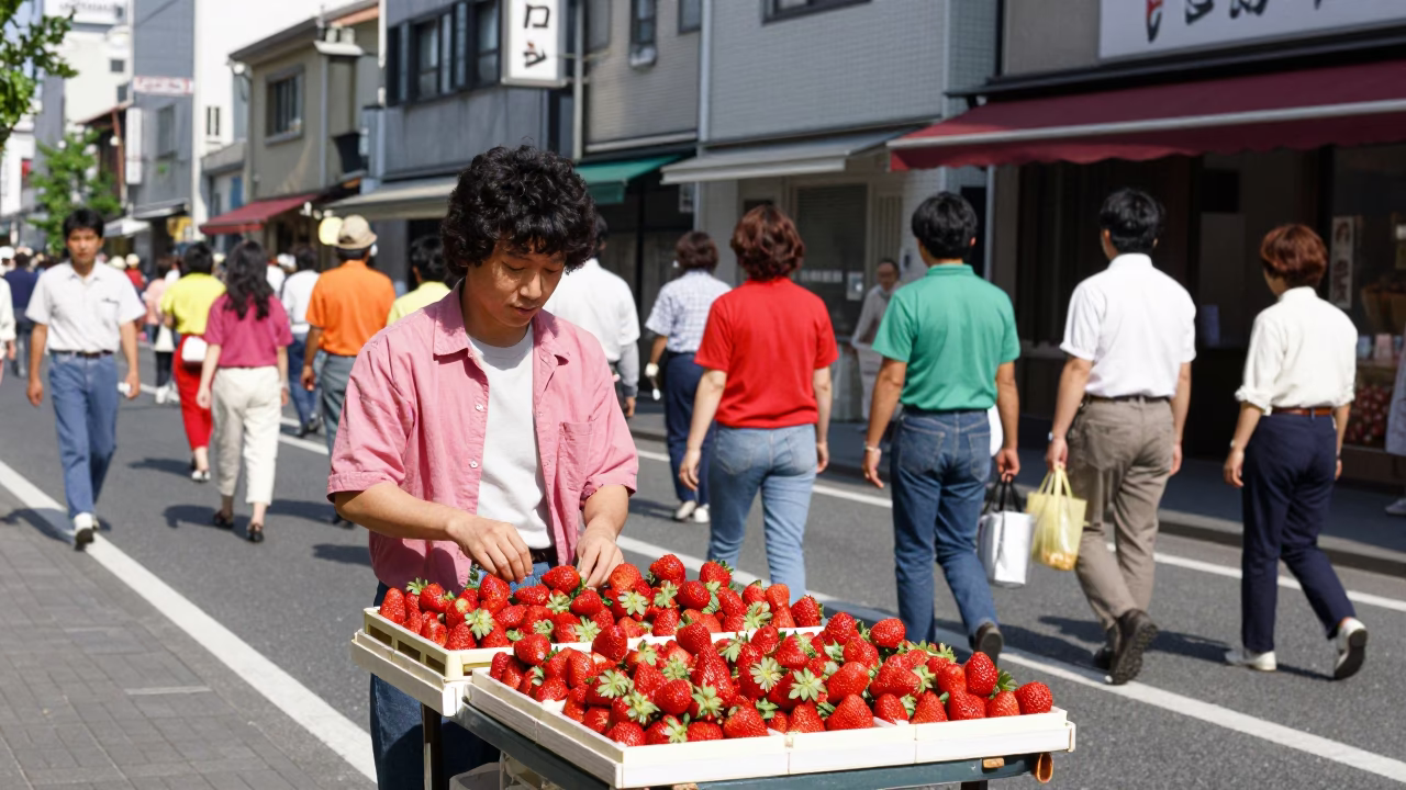 Colorful 1980s Osaka Street Scene with Strawberries and Processional Float in Bright Morning Light in in Osaka, Japan