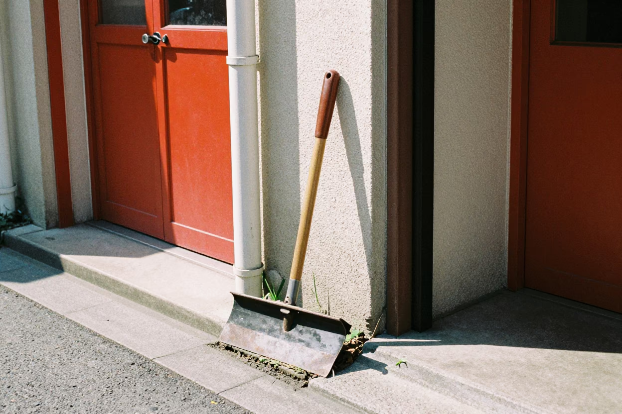 Colorful 1980s Osaka Street Scene with Traditional Boot Scraper and Lived-in Urban Details in in Osaka, Japan